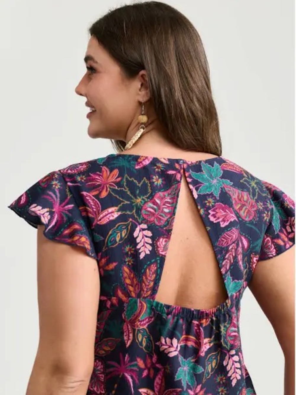 NWT BloomChic Navy Floral Ruffle Sleeve Blouse with Pink & Teal Leaves